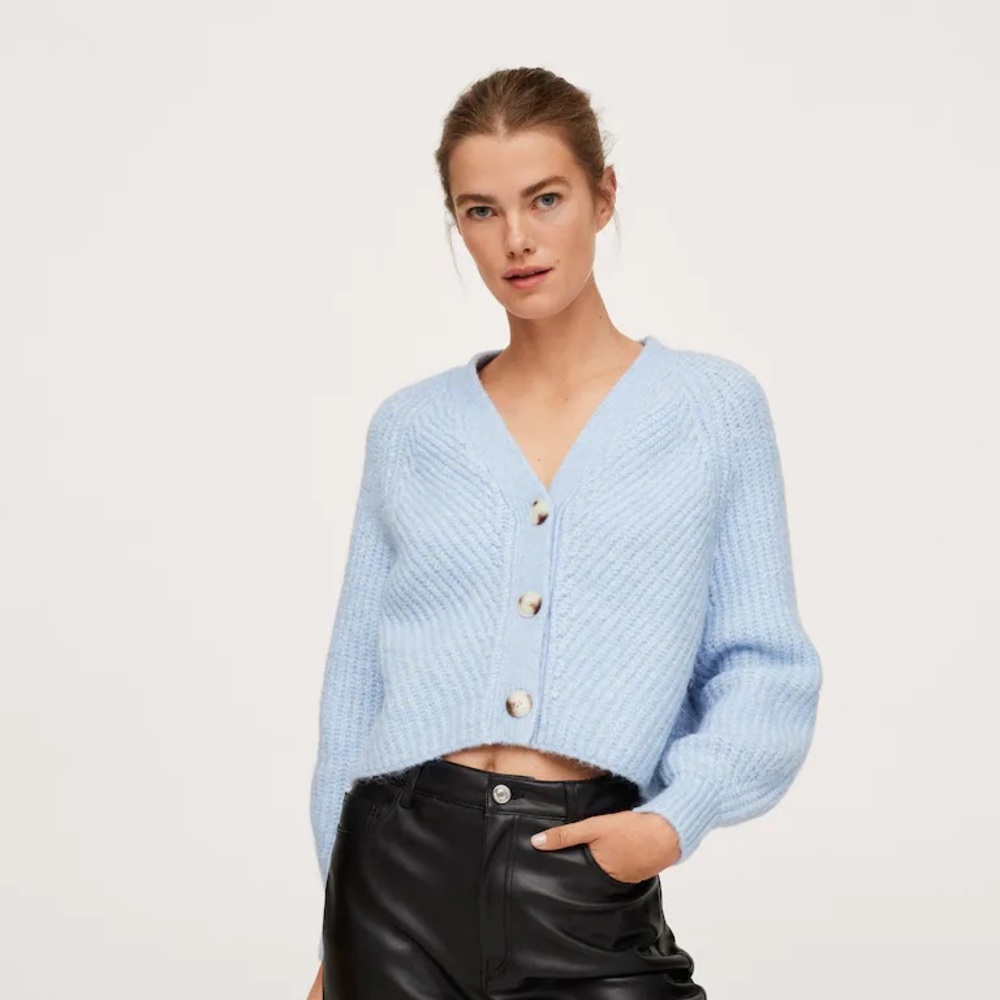 Mango Knitted Cropped Cardigan - Baby Blue